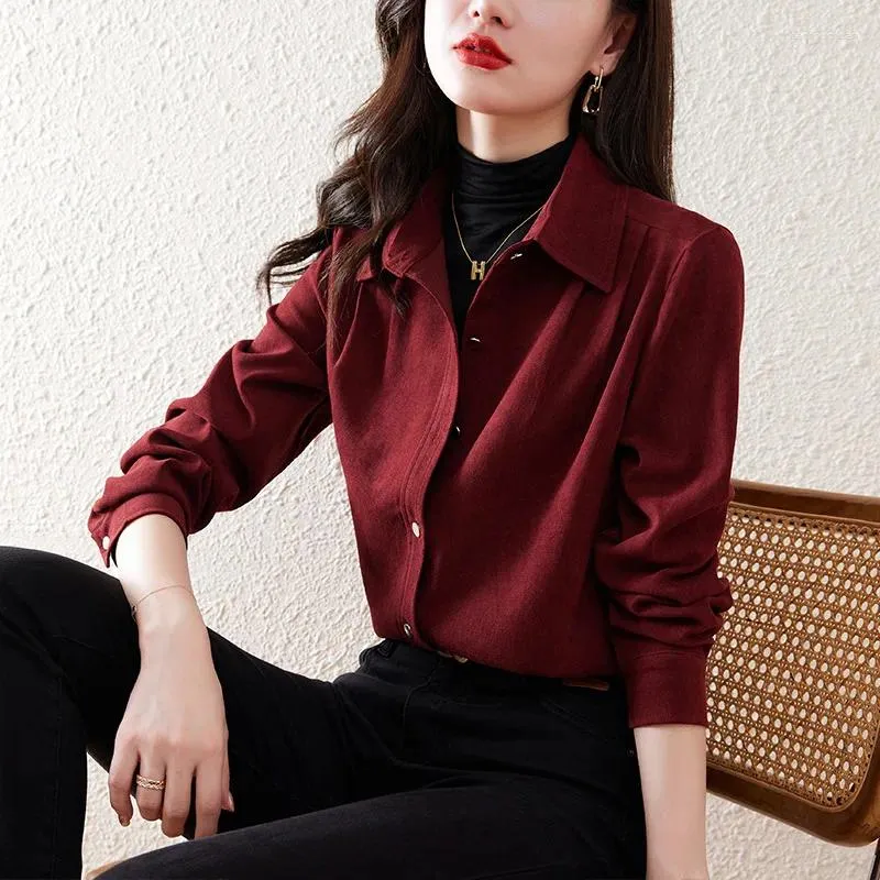 Damesblouses Koreaanse stijl Casual overhemden met omgeslagen kraag Herfst Winter Girly Lange mouwen Ruimvallend Veelzijdige cropped blouse QY297