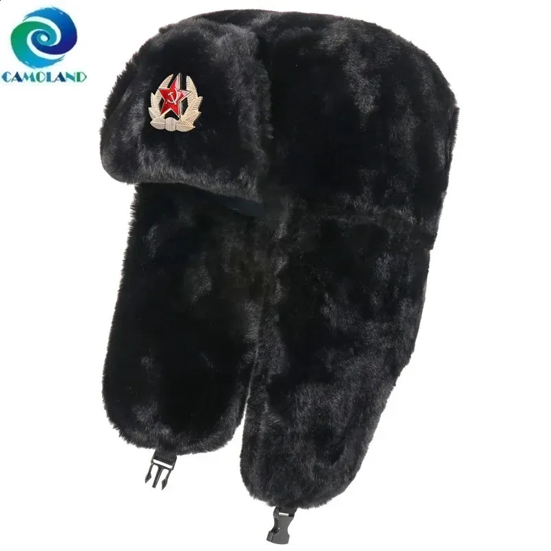 Trapper Hoeden CAMOLAND Vrouwen Winter Warm Nepbont Bomber Hoed Voor Mannen Sovjet Leger Militaire Badge Caps Mannelijke Thermische oorklep Cap Rusland 231219