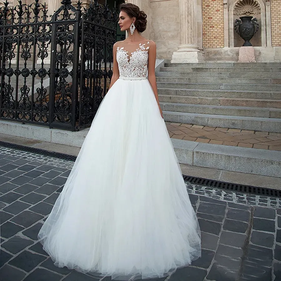 الدانتيل زين الخط واللون العاري داخل فستان الزفاف A-line tulle tulle beading blead bridal dress vestido de noiva