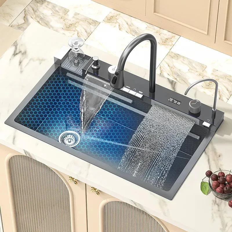 أحواض المطبخ بالوعة الفولاذ المقاوم للصدأ شلال مزدوج فتحة واحدة متكاملة شاشة رقمية مصنوعة صنبور كأس المطبخ غسالة كوب