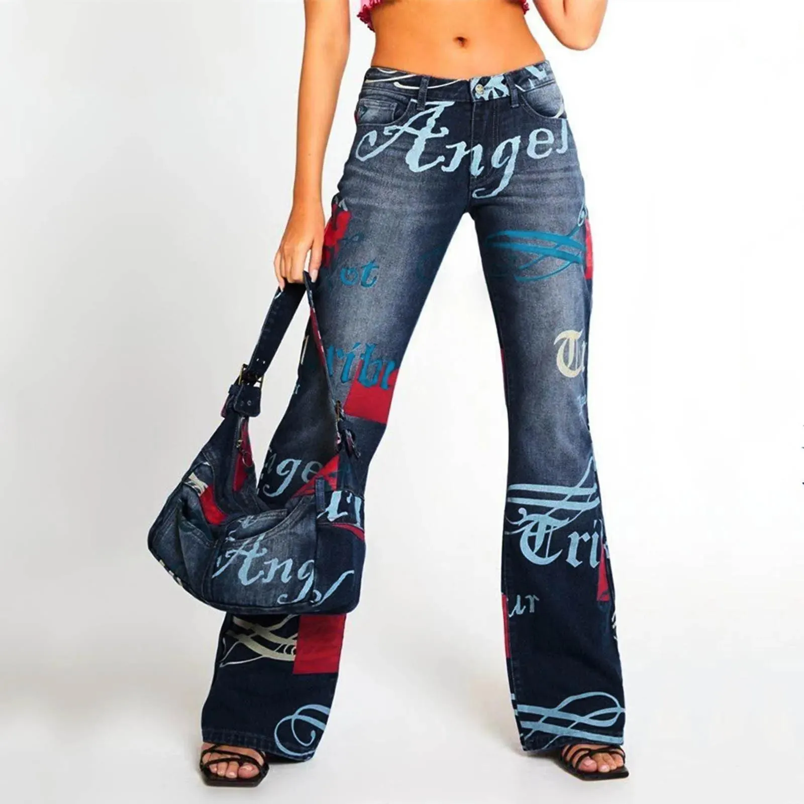 Jeans Jaded London Long Pants Women Y2K Vintage Trousers Streetwear Wide Leg Print Angel Estruerad Low Rise pojkvän Jeans Femme