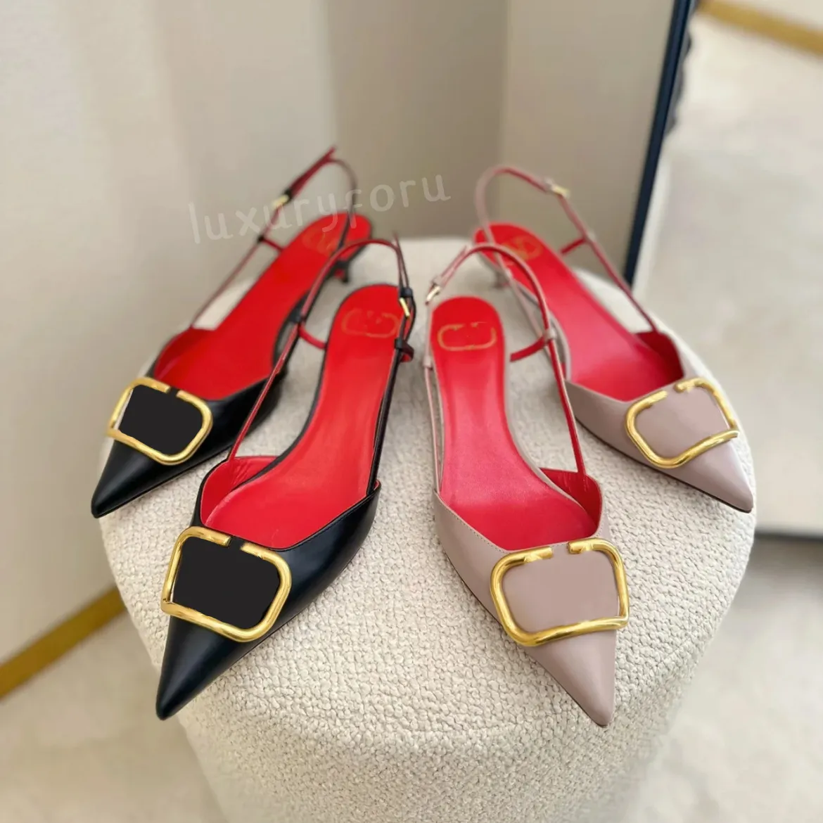 Dress Shoes Designer High Heels Women's Pointed Toe High Heels Shoes Classic Metal V Buckle Nude Black Red Matte Stiletto Heels Sise 35-42