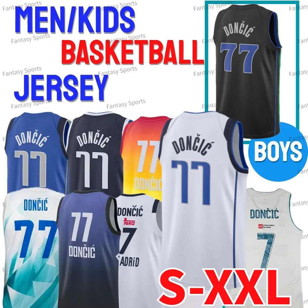 Tokyo Slovenija Real Madrid # 7 Doncic 77 Retro Kids Luka Maglia da basket cucita 77 Maglie da basket Youth Boys Uomo Blu Bianco