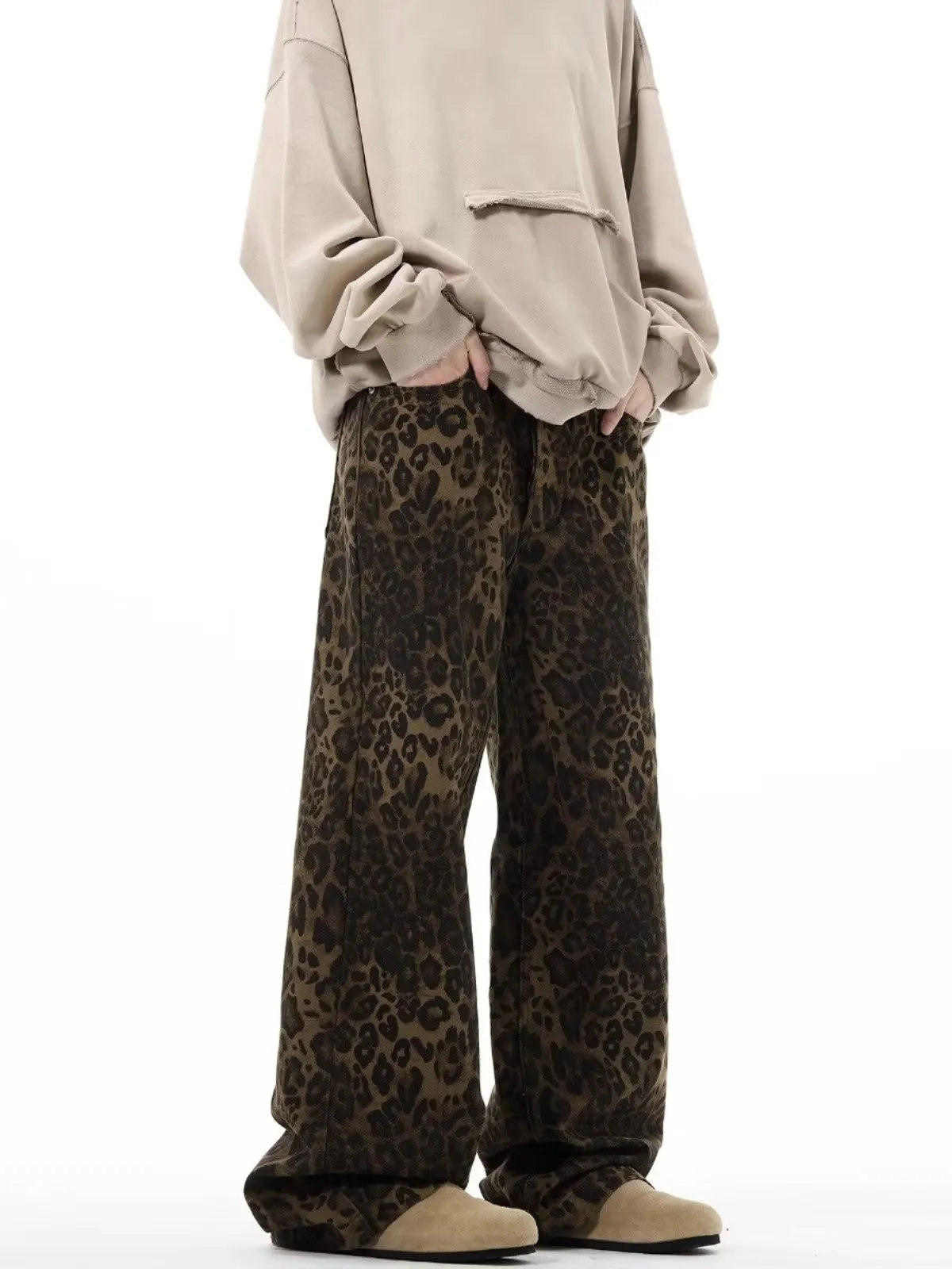 Vintage Leopard Print Jeans Straight Leg Loose Men's Casual High-grade Fashion Pants