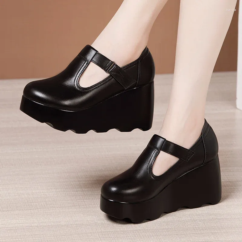 Dress Shoes 8cm Small Size 32-43 Thick Bottom Shallow Platform Wedges T Strap Pumps 2023 Fall High Heels Women Office Mom Dance