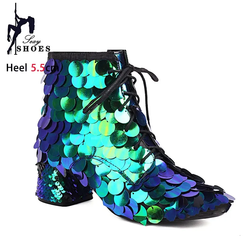 Size Women 34-46 Short 779 Lace-up Low Club Party Dance Shoes Trend Lady Shiny Block High Heels Sequined Boots 231219 94781