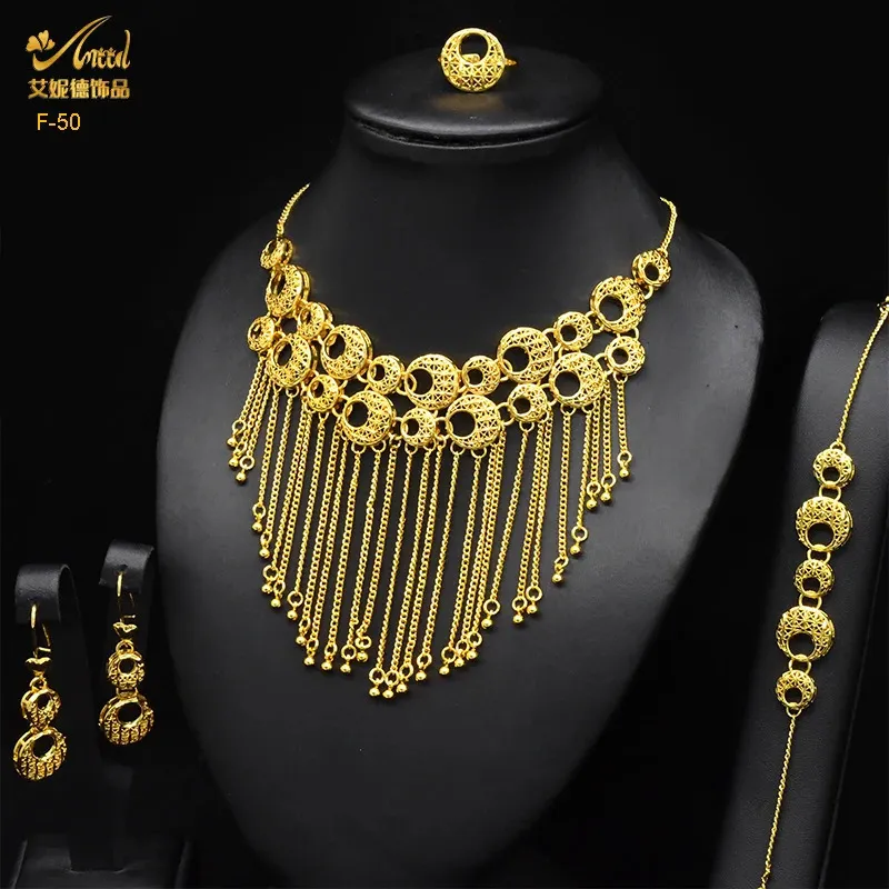 Wedding Jewelry Sets ANIID Dubai Tassel Gold Plated For Women Fashion Indian Bridal Necklace And Earring 4Pcs Set Ethiopian Party Gifts 231219