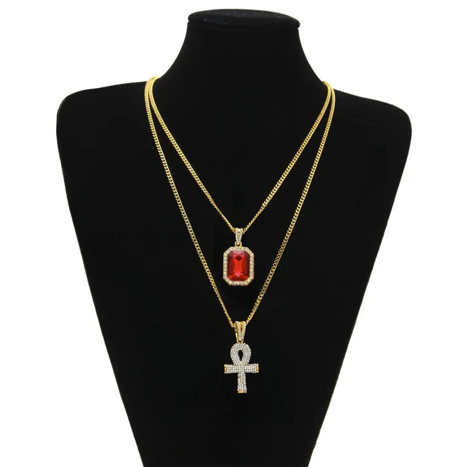 Pendentif croix en strass égyptien Ankh, clé de vie, avec pendentif en rubis rouge, ensemble de colliers pour hommes, bijoux Hip Hop, 171M