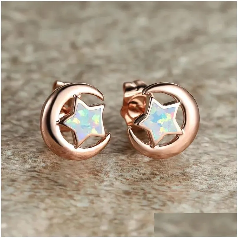 Pendientes románticos románticos lindos luna estrella color oro rosa ópalo de fuego natural para mujeres aniversario banquete joyería delicada entrega de gota Ot28C