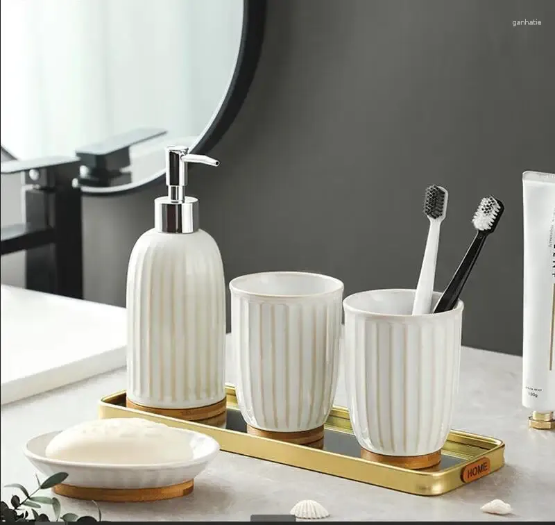 Bath Accessory Set Japanese Ceramic Bathroom Four-piece Wash Soap Dispenser Mouthwash Cup Tray Home Accessories