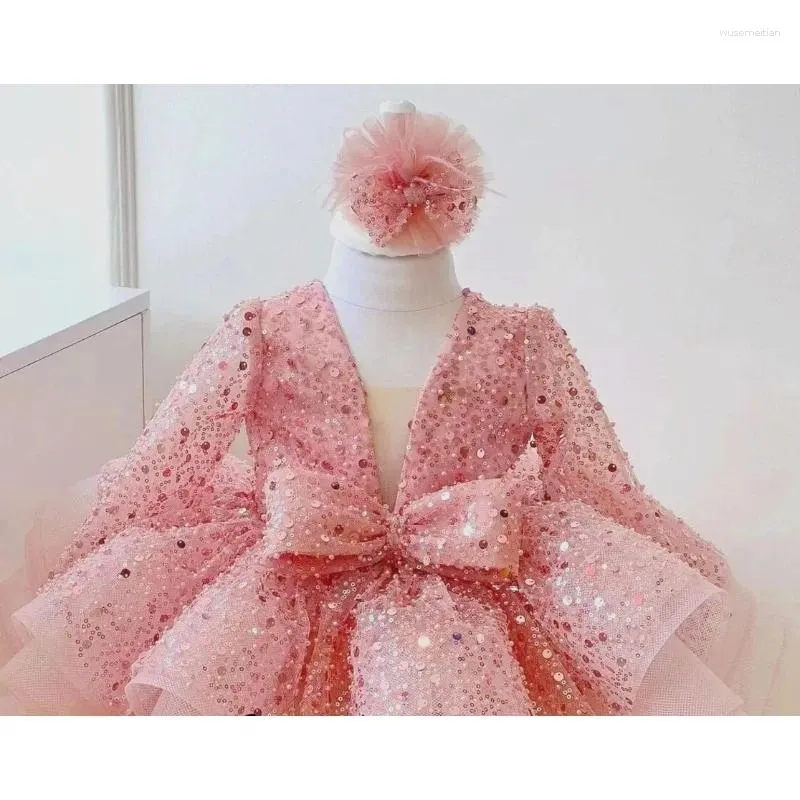 Girl Dresses Pink Flower Baby Dress Sparkling Fluffy Tutu Puffy Short Wedding Bridesmaid Birthday Party First Communion Ball Gown