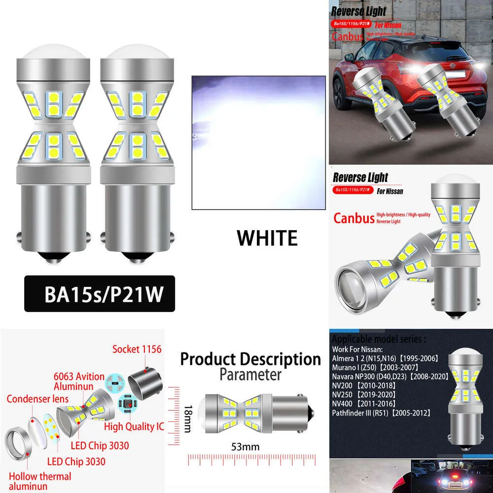 Nya dekorativa lampor 2x Canbus LED -omvänd glödlampa P21W BA15S 1156 för Nissan Pathfinder 3 R51 Almera Murano Navara NP300 D40 D23 NV200 NV250