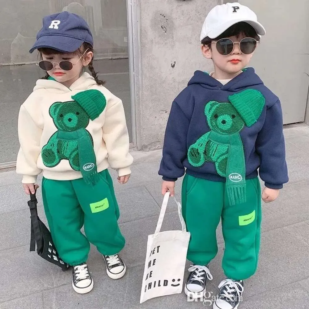 Kids Tracksuit Boys Girls Clothes Cartoon Scarf Bear Two Piece Set Autumn Winter Baby Clothing Long Sleeve Hooded Sweater Hoodie And Pants Suit