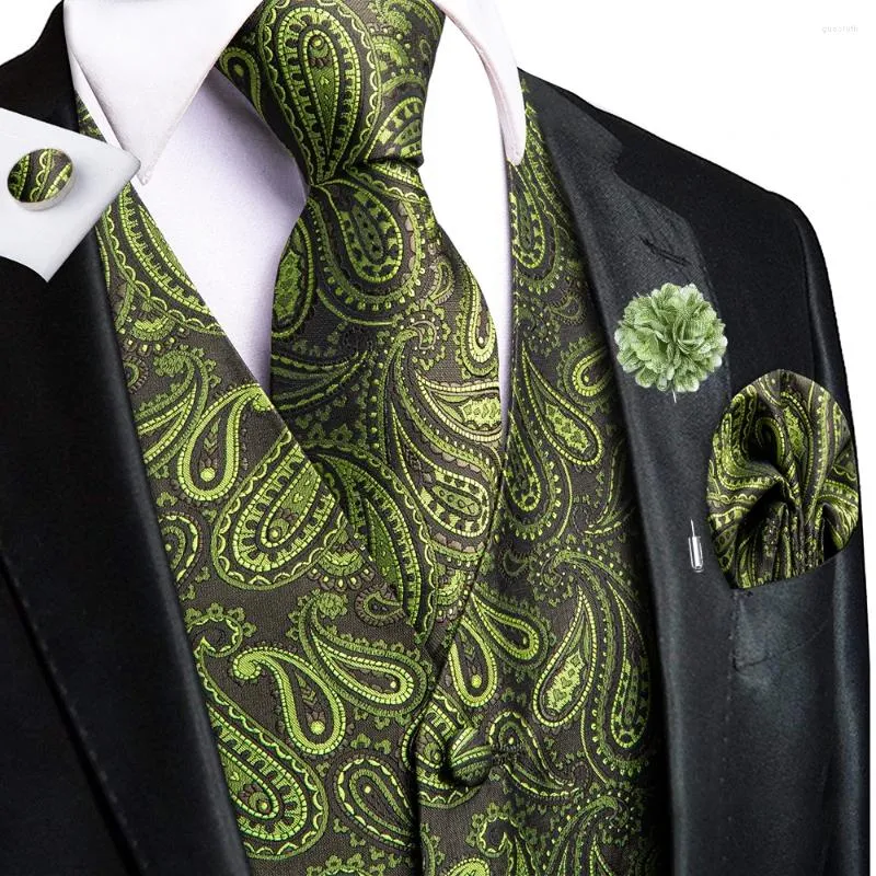 Coletes masculinos amarelo verde seda paisley jacquard colete gravata lenço abotoaduras broche conjuntos de casamento formal designer de negócios hi-tie
