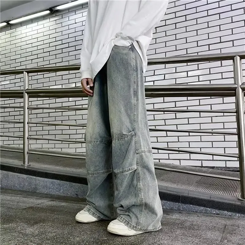 Mens Jeans Hip Hop Distressed Wideleg Pants Men Patchwork Denim Mopping Trousers Male Vintage Loose Casual Japanese Streetwear 231218