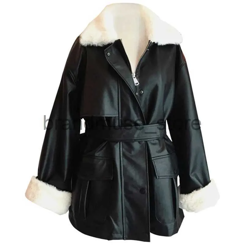 Women's Jackets Nerazzurri Winter Oversized Leather Jacket Women with Faux Rex Rabbit Fur Inside Warm Soft Thickened Fur Lined Coat Long Sleeve J231219