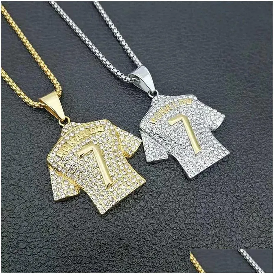 Pendant Necklaces Mens Necklace Football 7 Pendant With 14K Yellow Gold Chain And Iced Out Bling Rhinestones Hip Hop Sports Jewelry Dr Dherv