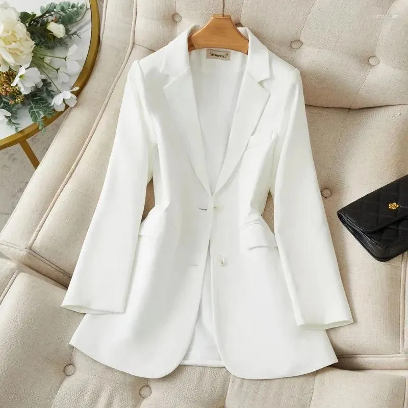 Kadınlar Suits Beyaz Takım Ceket 2023 Bahar Sonbahar Kore Uzun Kollu Tek Göğüslü Blazers Kadın Ceket Günlük Bayanlar Blazer Tops
