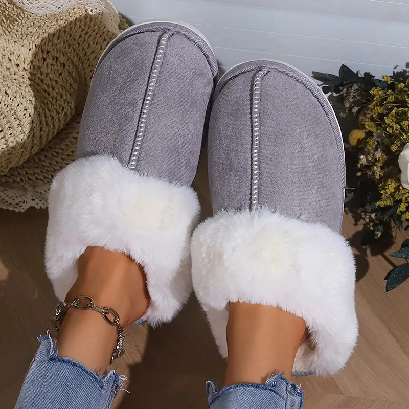 Slippers Winter Warm Fur Indoor Home Slippers Women Faux Suede Closed Toe Couple Slippers Woman Comfort Soft Sole House Shoes Slides 231219