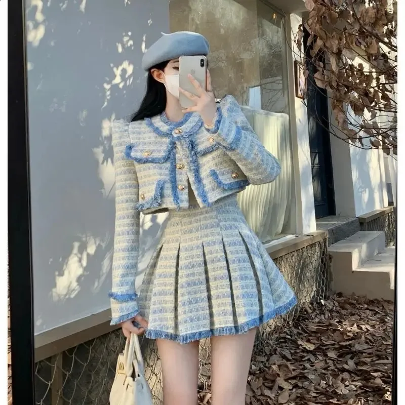 Two Piece Dress Small Fragrance Blue Tweed Coat Pink Tassel Crop