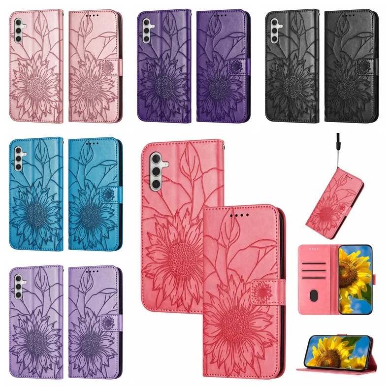 Zonnebloem PU lederen portemonnee hoesjes voor Samsung S24 Ultra Plus A05S A15 A35 A55 A05 Moto Edge 40 Neo G Power 2024 Play G14 G54 G84 Bloem ID-kaartsleuf Cash Flip Cover Pouch