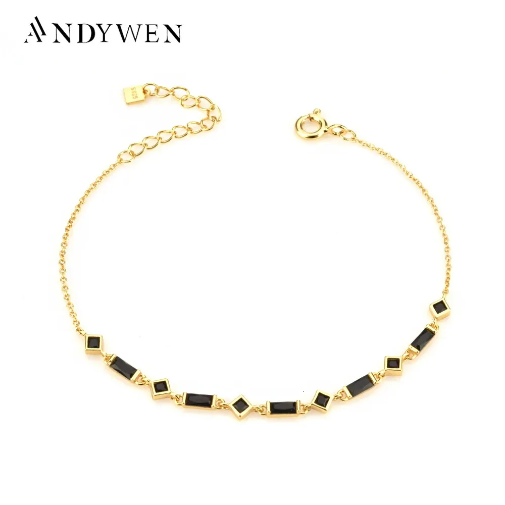 Charmarmband Andywen 925 Sterling Silver Gold Black Zircon Charm Armband Pulsera de Cadena Janet Cristal Oro Women Wedding Jewelry 231218