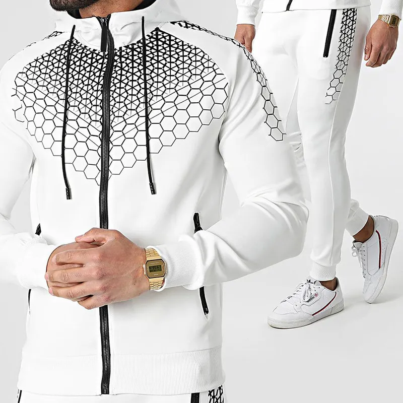 Survêtement à capuche de marque pour hommes, survêtement à fermeture éclair, manteau, pantalon, ensemble de survêtement, impression de motifs en maille, sweat à capuche, jogging sportif, confort, sweat à capuche quatre saisons