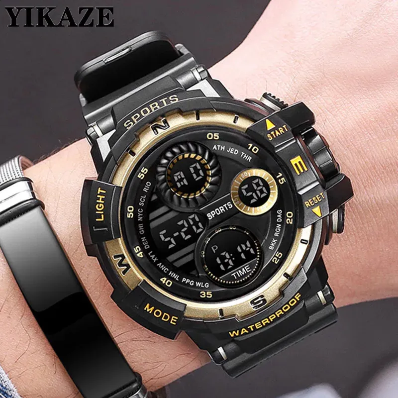 Zegarek Yikaze Black Digital Watch for Men Sports Watches Waterproof Outdoor Chronograph Chronogle Clock G Stock Sock Student Wristwatch 231219