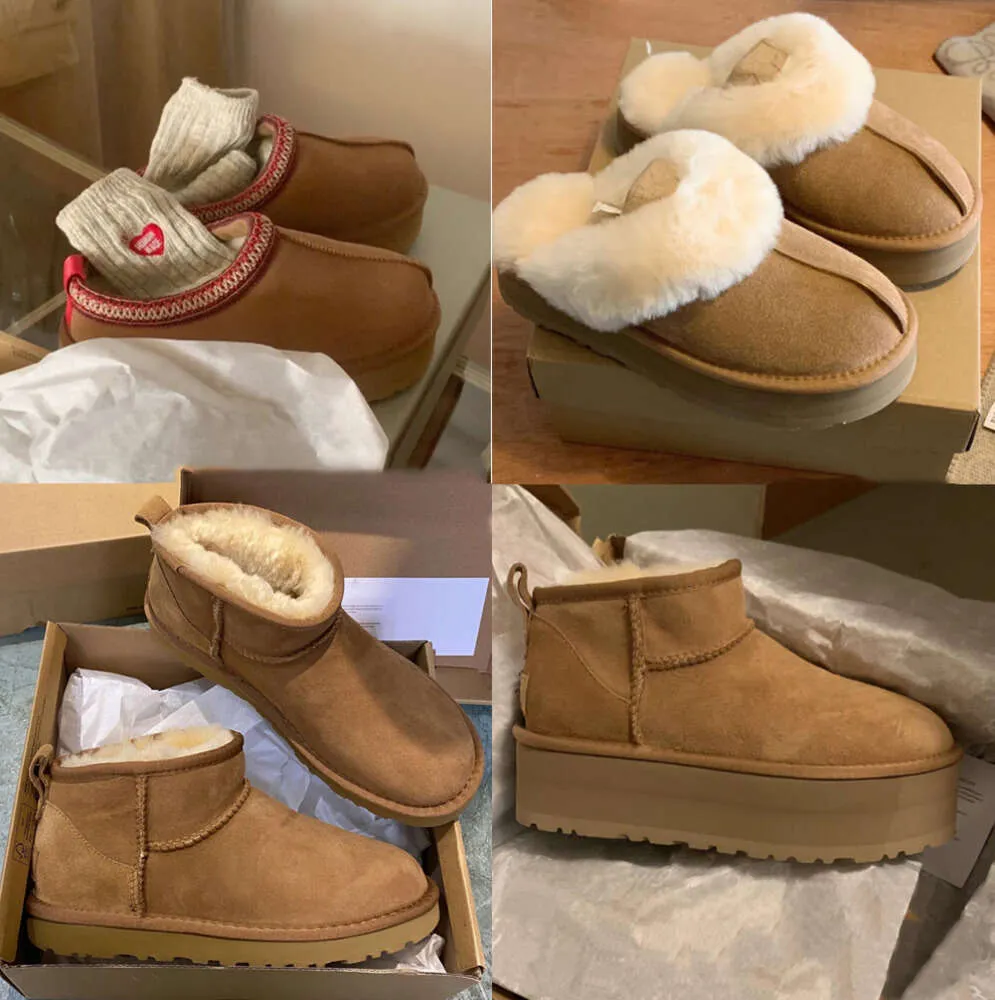 Ultra Mini Snow Boots Winter Australia Platform Ankel mjuk bekväm fårskinn Tazz Chestnut Sand Mustard Seed Booties Slippers 555