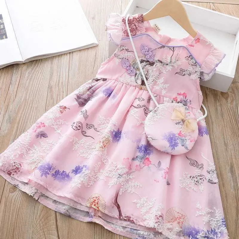 Girl's Dresses Short Sleeve Cotton Boutique Princess Cute Dress Chinese Cheongsam Princess Dress Baby Summer Girls Dress For kids Clothes + Bag