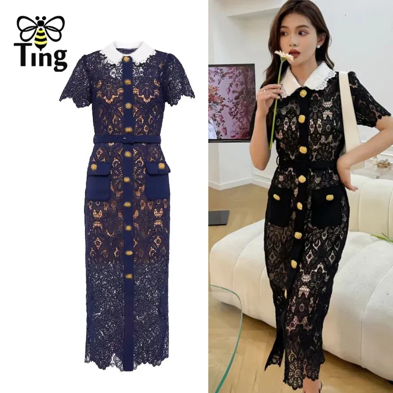 Basic Casual Dresses Tingfly 2023 Summer Design Lapel Collar Lace Button Decor Embroidery Midi Long Party Dinner Lady Chic Elbise 231219