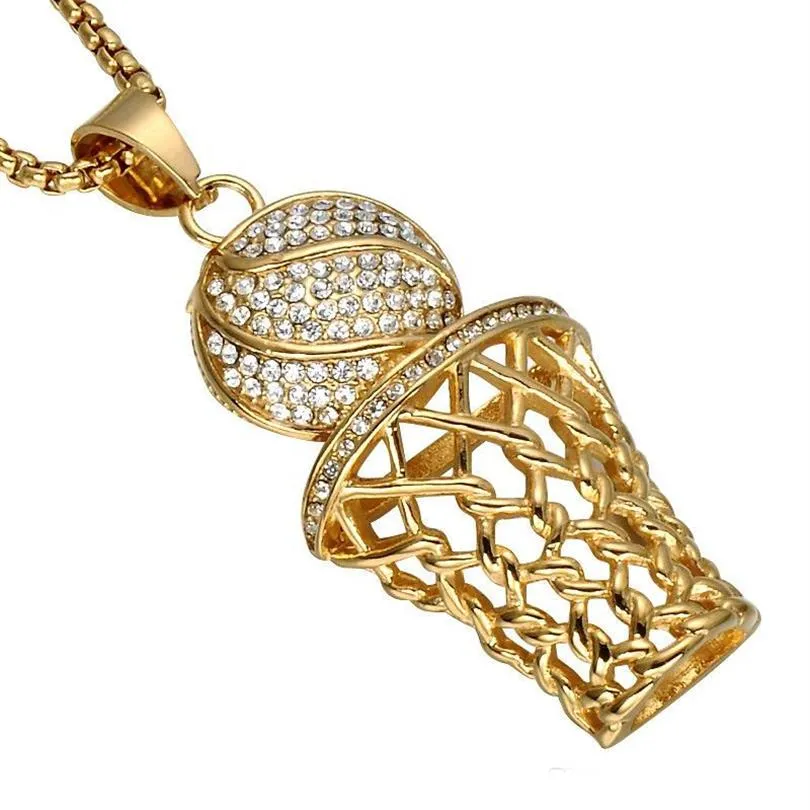 Hip Hop Iced Out Bling Full Rhinestone Basketball Pendant Halsband Goldsilver rostfritt stål Sporthalsband för män S Fashion 223A