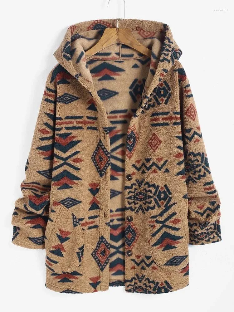 Women's Jackets ZAFUL Hooded Aztec Print Geometric Style Pockets Long Tribal Geo Printed Fluffy Teddy Coat For Winter