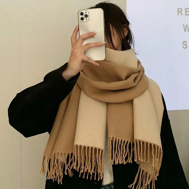 Ethnic Clothing Winter Korean Fashion Scarf Women Luxury Shawl Double-Sided Solid Warm Cashmere Elk Classic