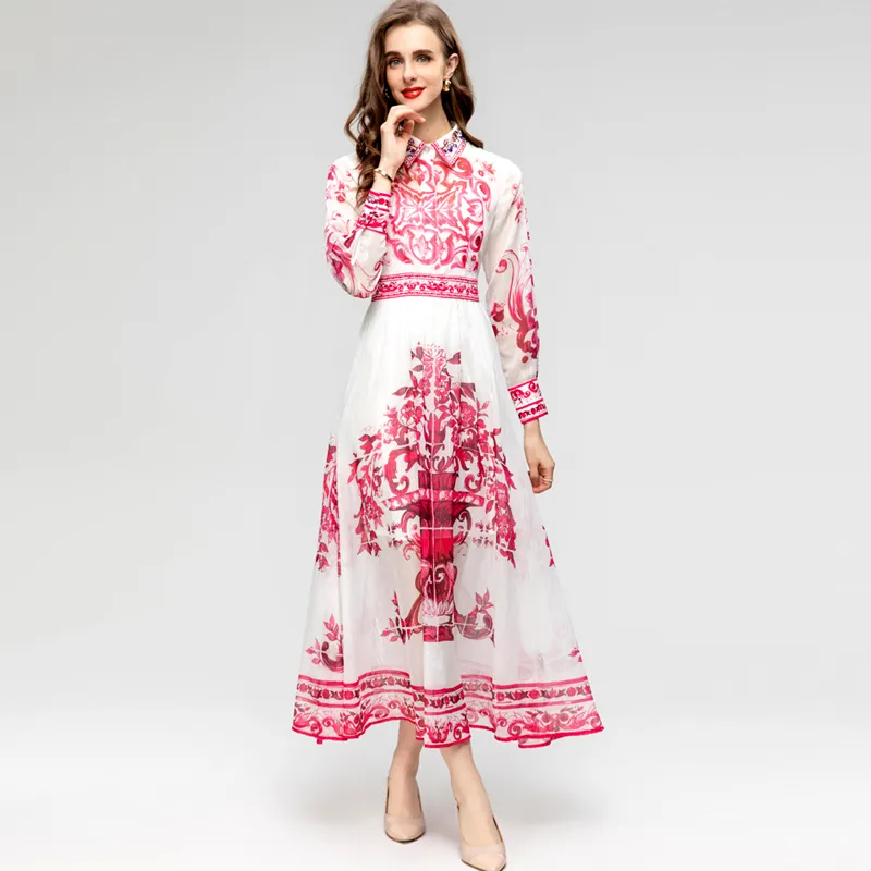 Women's Runway Dress Turn Down Collar Long Sleeves Vintage Printed Beaded Elegant Lace Up Belt Fashion Designer Vestidos