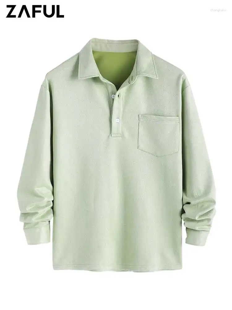 Men's Casual Shirts ZAFUL Solid Color Faux Suede Long Sleeves Polo Collar Shirt With Front Pocket Pullover Basic Top Z5105035