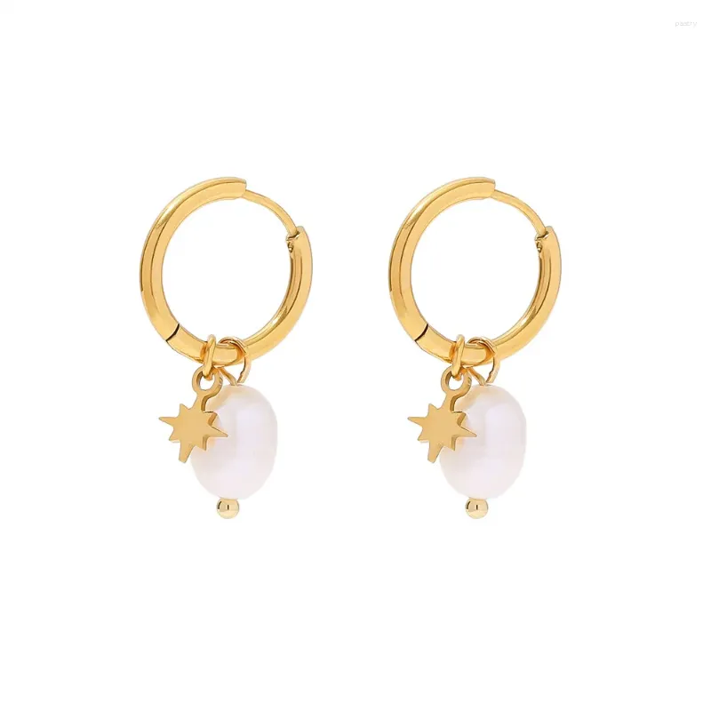 Boucles d'oreilles en acier inoxydable PVD plaqué or 18 carats, imperméable, perle naturelle, breloque étoile pour femme, bijoux tendance, vente en gros