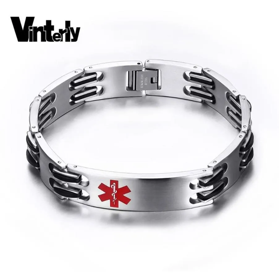 Vinterly Men Alert ID Bracelet Fashion Jewelry High Quality Rock Punk Black Silicone Stainless Steel Bangles For Link Chain226Z