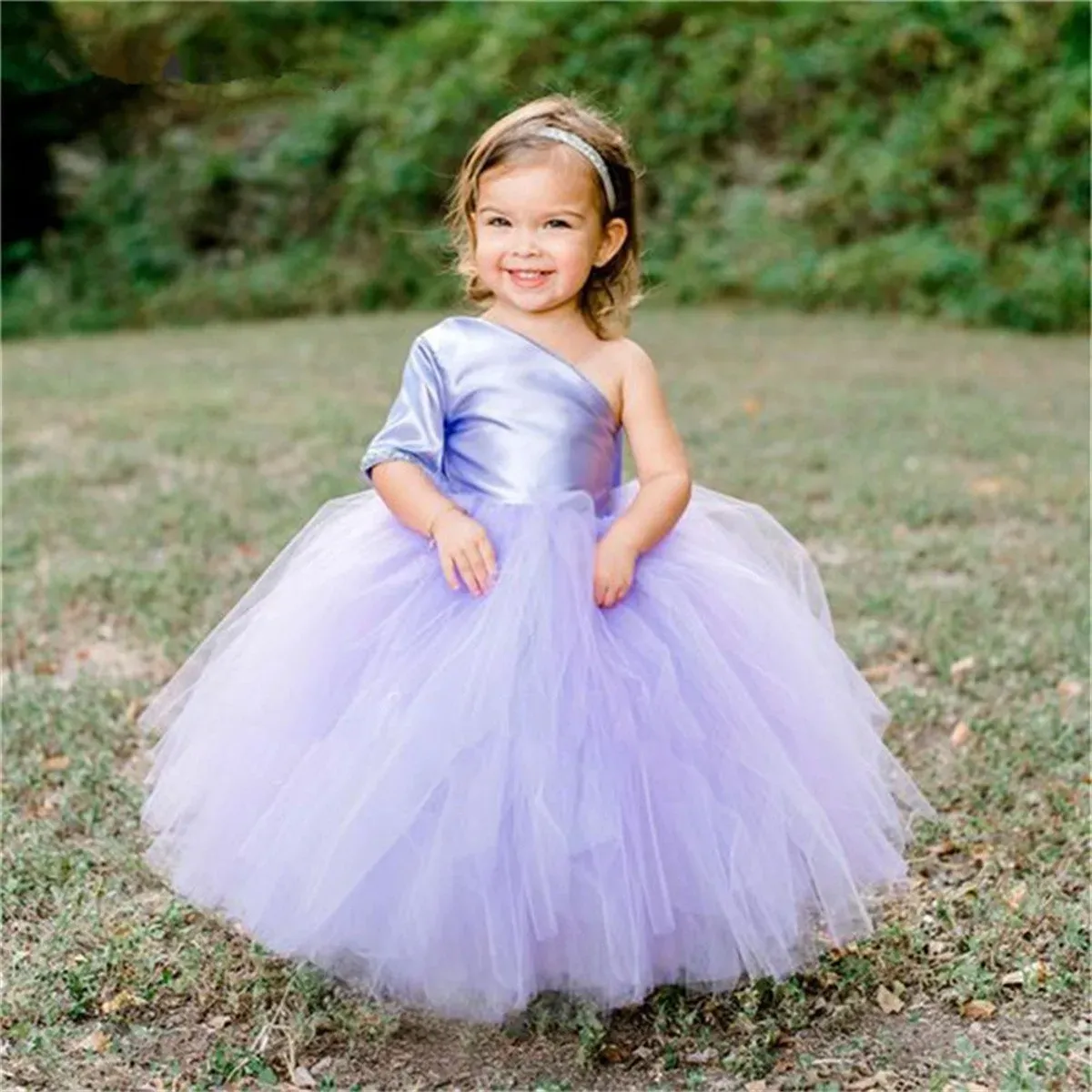 Classy Long Purple Flower Girl Dresses One Shoulder Satin Half Sleeves with Bow Ball Gown Floor Length Custom Made for Wedding Party