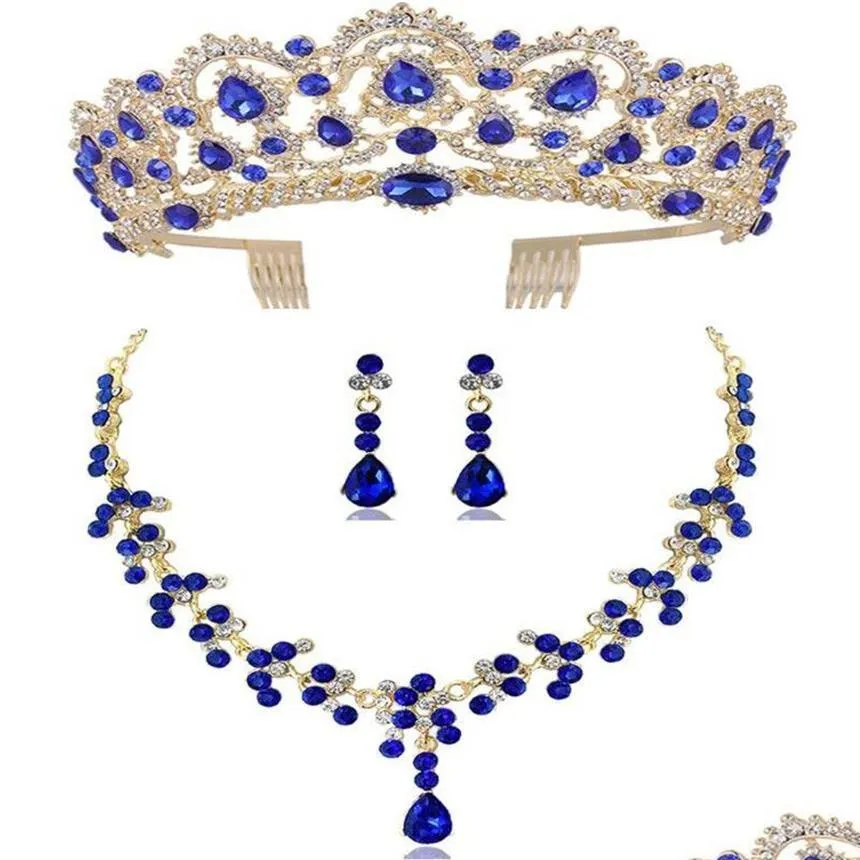 Brincos colar diezi vermelho verde azul coroa e brinco conjunto de jóias tiara strass casamento nupcial conjuntos acessórios207q gota deli dhojc