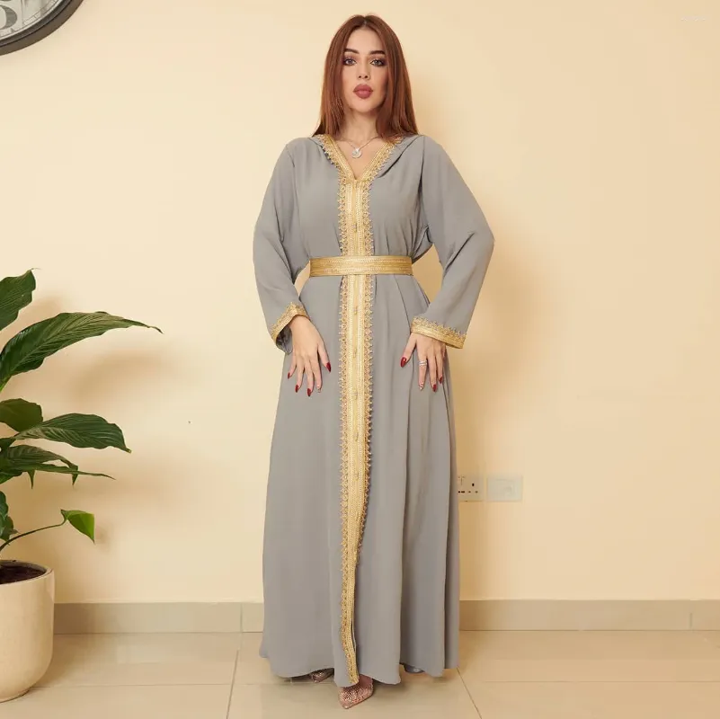 Etniska kläder Mellanöstern Ramadan Marockan Linen Green Muslim Luxury Saudi Arabian Hooded Women's Abaya klänningar stora flare kjolar