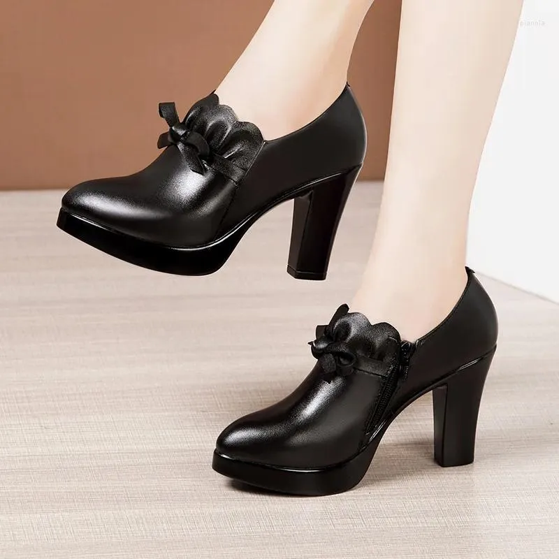 Sapatos de vestido 9cm 11cm tamanho pequeno 32-43 elegante preto arco bloco salto alto para modelo de escritório 2023 fundo grosso bombas de plataforma de boca profunda