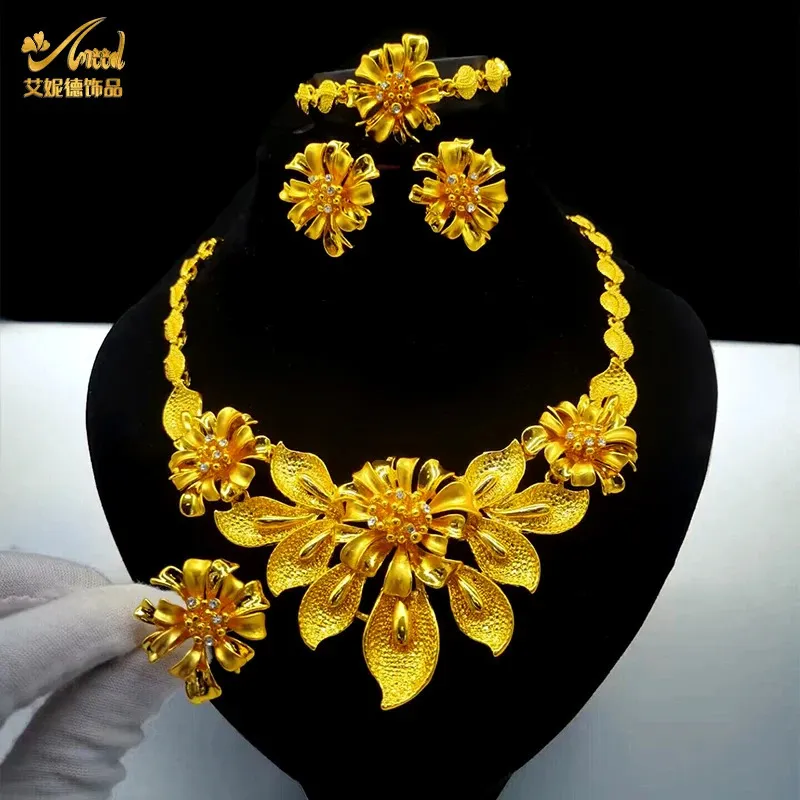 Hochzeit Schmuck Sets ANIID Indische 24K Gold Überzogene Halskette Set Für Frauen Party Braut Äthiopischen Luxus Dubai Großhandel Geschenke 231219