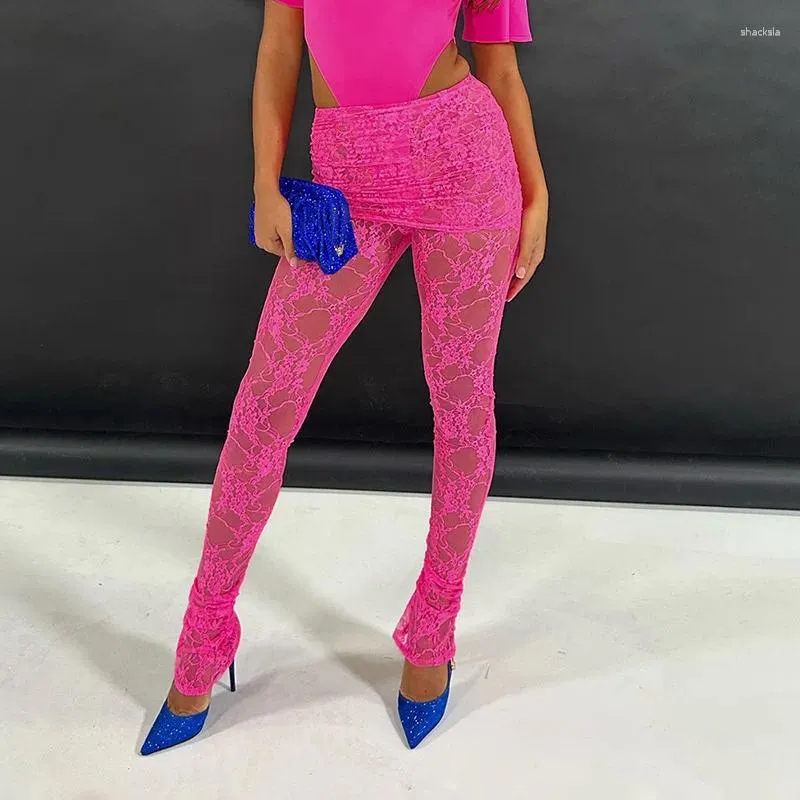 Kobiety spodnie gtpdpllt seksowne różowe patrz przez koronkowe mesh legginsy nocne konkuzże Baddie Streetwear Kobiety Bottoms moda 2023 spodnie