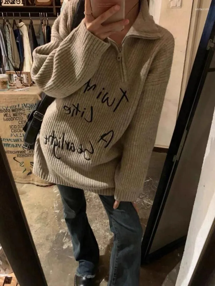 Maglioni da donna Y2k Harajuku Vintage Pullover Mezza Cerniera Lettera Ricamo Autunno Inverno Casual Allentato Streetwear Abbigliamento Donna 2024