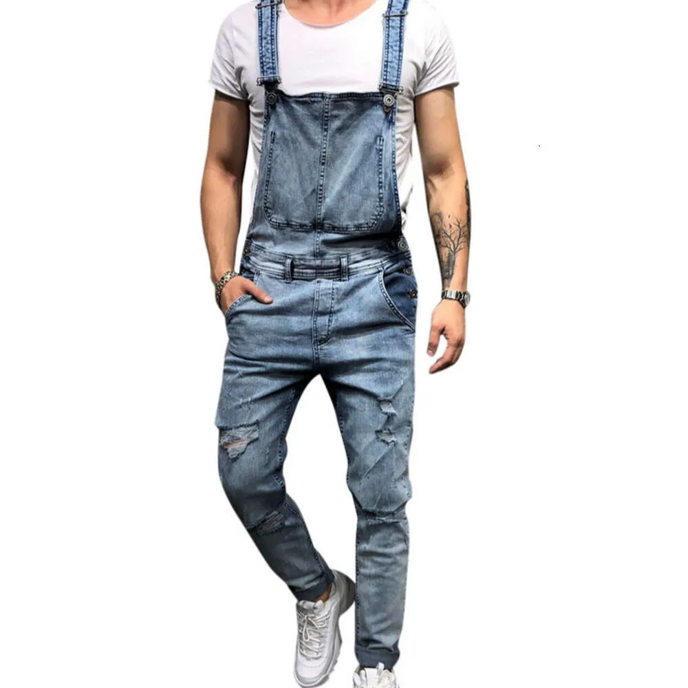 2023 Mens rippade jeans Jumpsuits Street Ejressed Hole Denim Bib overaller för man Suspender Pants Size M-XXL