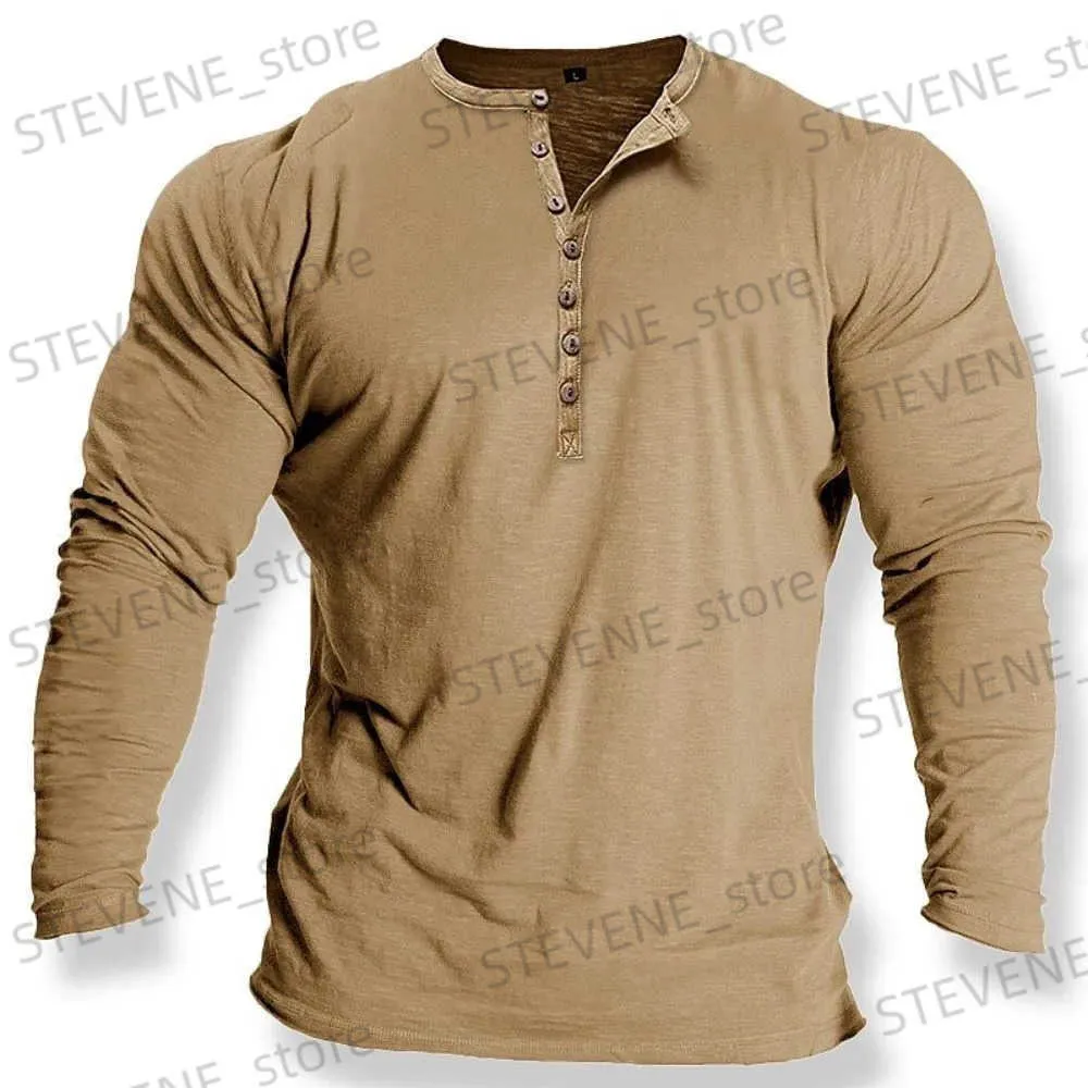 Mäns T-shirts Ny solid färg Henley Men's Cotton T-shirts överdimensionerade långärmad toppknapp ner Autumn Home Clothing Solid Color Shirtsees T231219