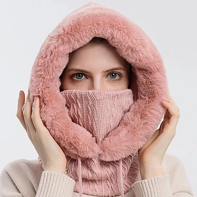 Breda randhattar hink 3in1 förtjockar fleece hatt kvinnor stickad fluffig halsduk full ansikte mask huva vinter varm utomhus skidvindtät plysch mössor motorhuven 231218