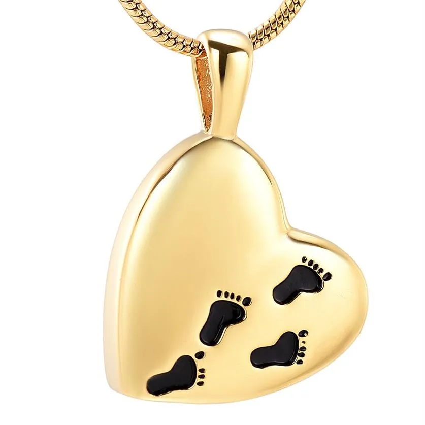 IJD12450 Hochwertige Gold-Edelstahl-Herz-Andenken-Urnen-Halskette, geschnitzter Fußabdruck Ihrer Lieben, Feuerbestattungs-Andenken-Schmuck231H