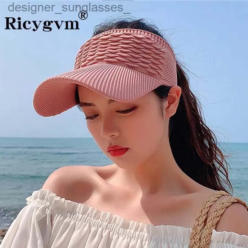 Visors Long Brim Summer Sun Hat Sweet Women Solid Color Elastic Crochet Bonnet Female Outdoor Sports Visors Girl Sunshade Empty Top CL231219